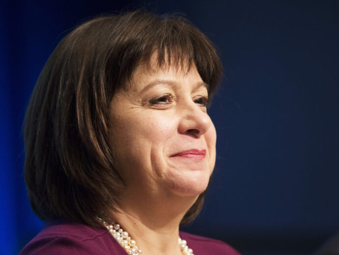 Natalie A. Jaresko, Ukraine Minister of Finance, speaks during a meeting on "Powering up Growth: Ideas for Beating the Slowdown" at the IMF and World Bank Group 2016 Spring Meetings on April 15, 2016 in Washington, DC.    / AFP / MOLLY RILEY        (Photo credit should read MOLLY RILEY/AFP via Getty Images)